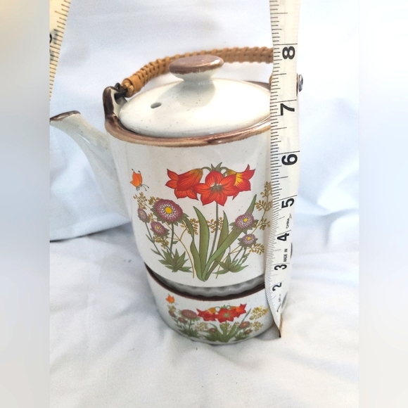 : Vintage Floral Teapot & warmer Set with 5 tea cups Stoneware Speckled - Picture 7 of 16